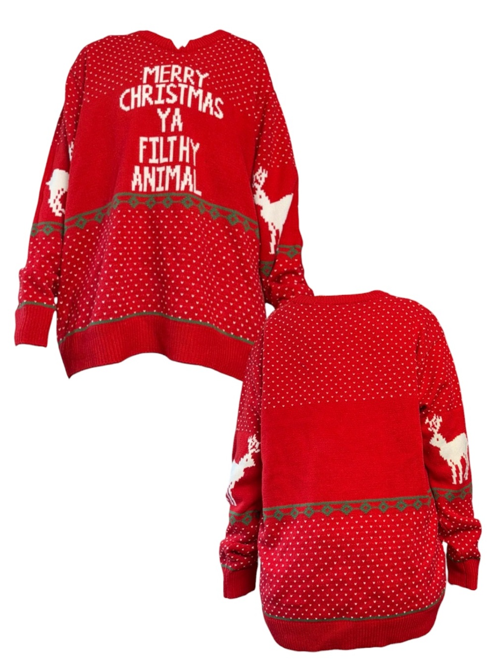 Red Christmas Crewneck Sweater - 'Merry Christmas Ya Filthy Animal'